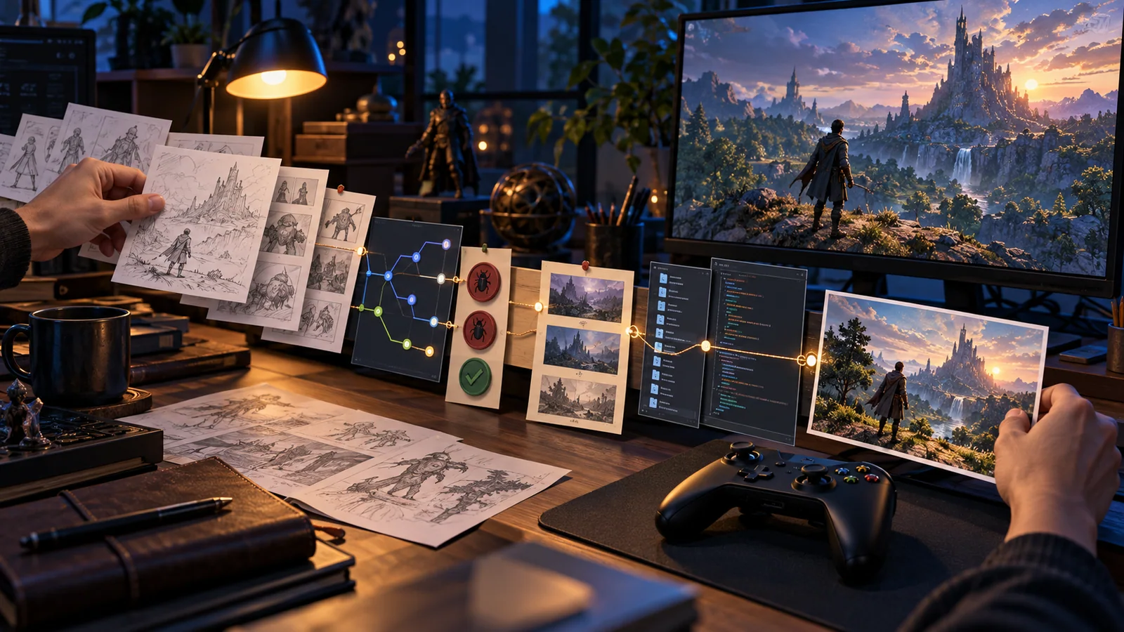 A creator connects sketches, revisions, debugging evidence, source files, and a playable build into one finished game project.