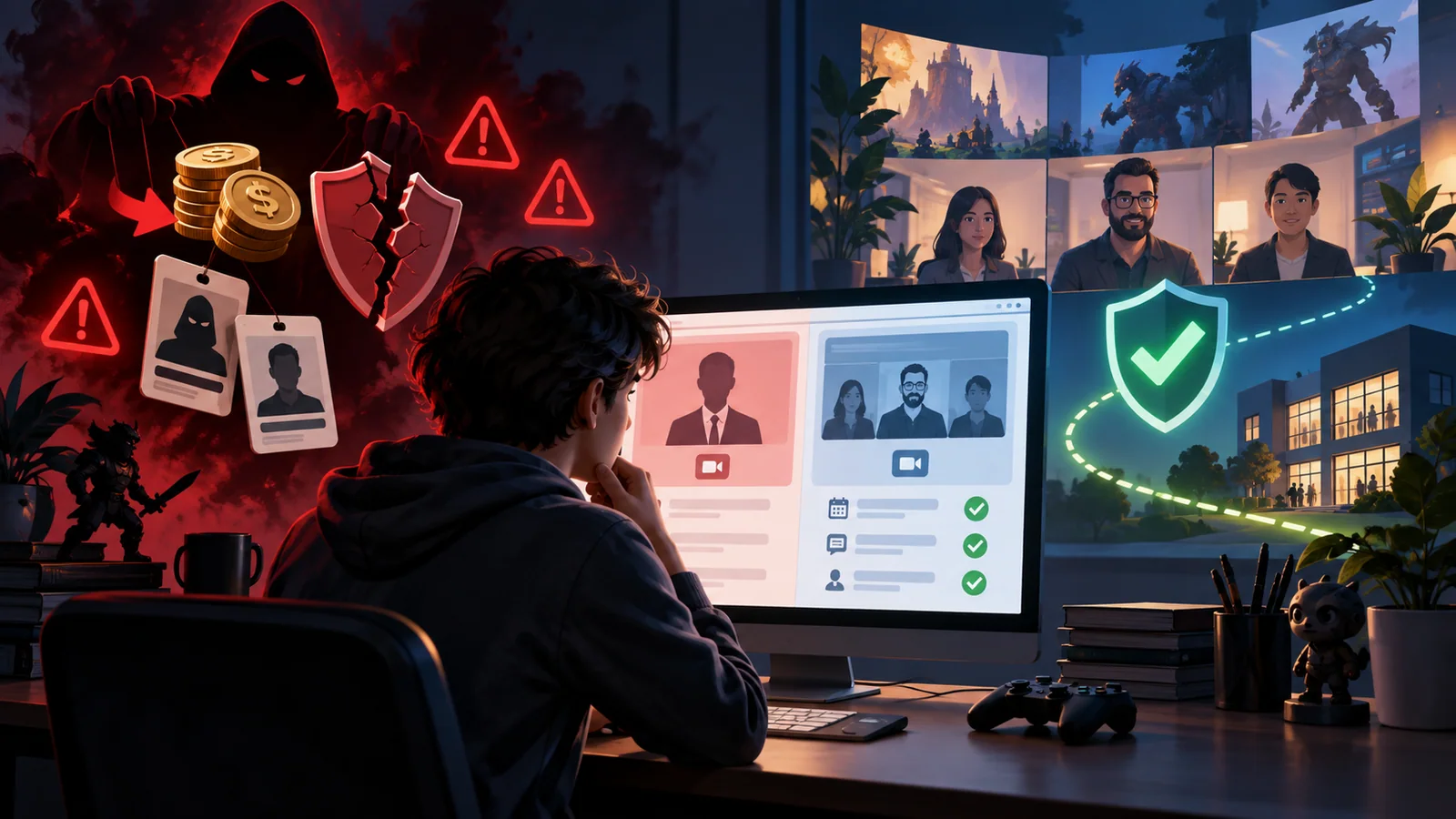 An applicant compares suspicious payment requests and identity warnings with a verified company interview path.