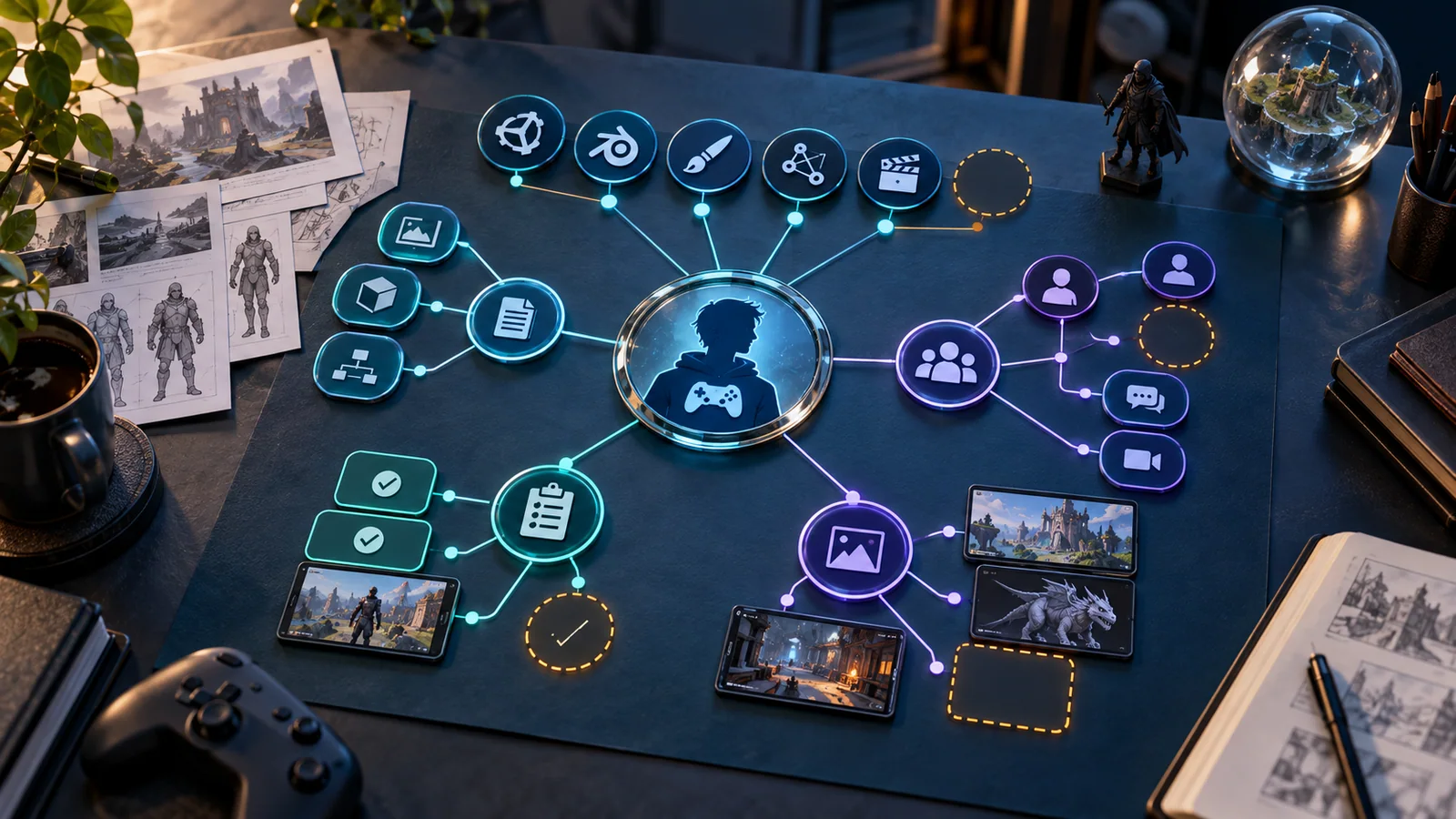 A candidate profile connects to job tasks, tools, collaboration skills, portfolio samples, and highlighted learning gaps.
