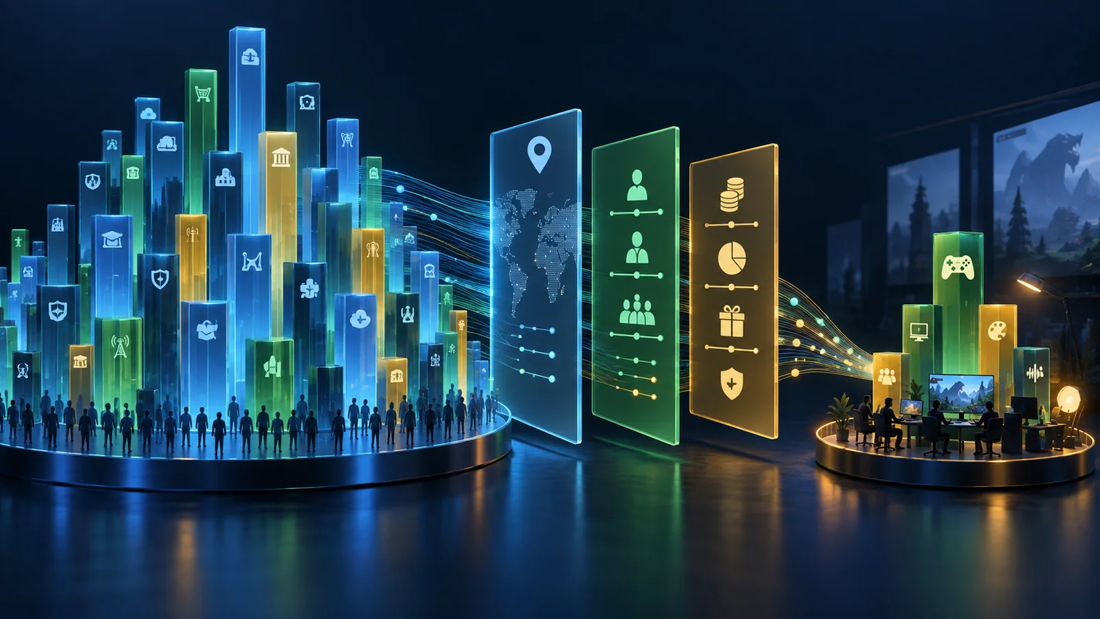 A broad multi-industry worker distribution passes through location, seniority, and compensation filters before reaching a small game studio role group.